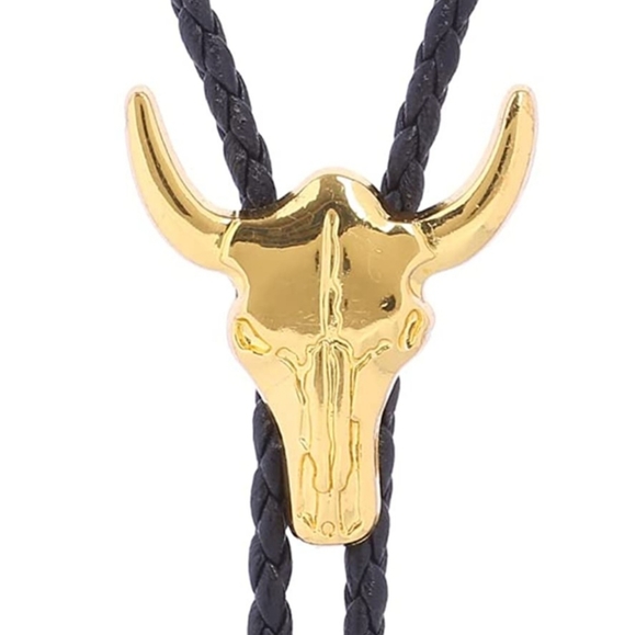 New Gold bull steer leather bolo tie - Picture 2 of 4